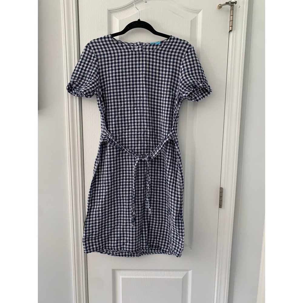 J.McLaughlin Gingham Linen Cotton Dress Navy Blue White Button Back Size 4